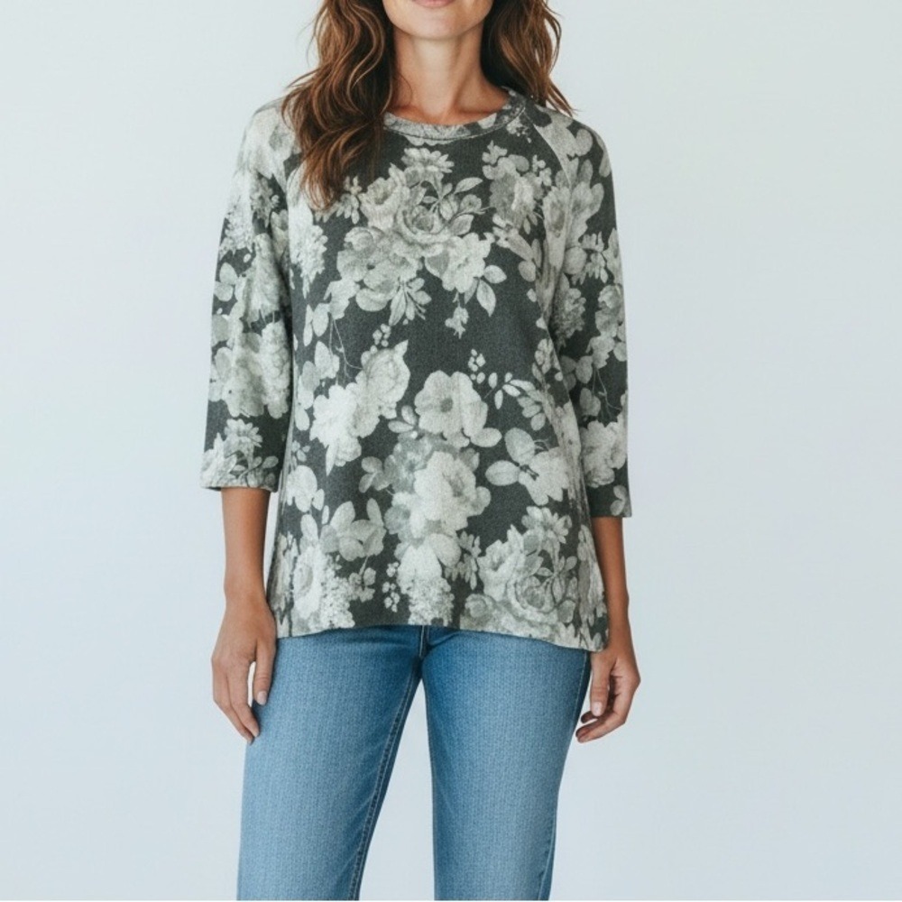 Unbranded Floral Raglan Pullover Women Medium Gray